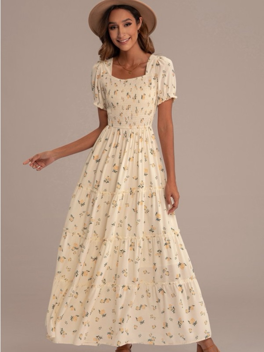 GUC XL Floral Short Sleeve Square Neck Smocked Maxi Dress